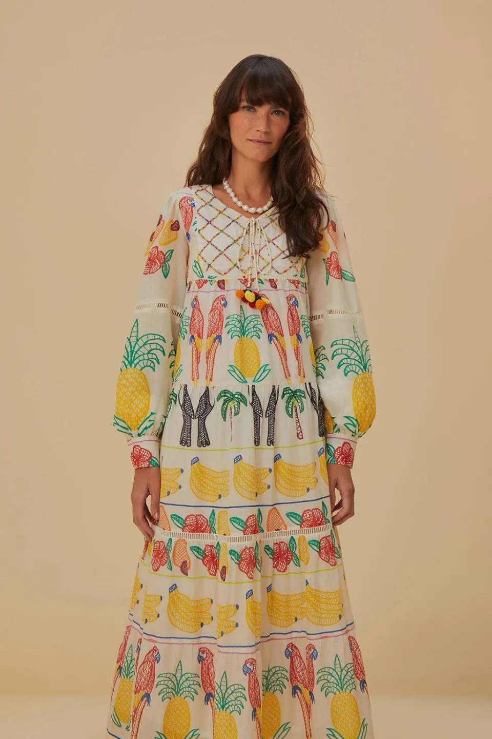 FARM Rio Robes Midi<Robe midi brodée à empiècement Tropicolors blanc cassé