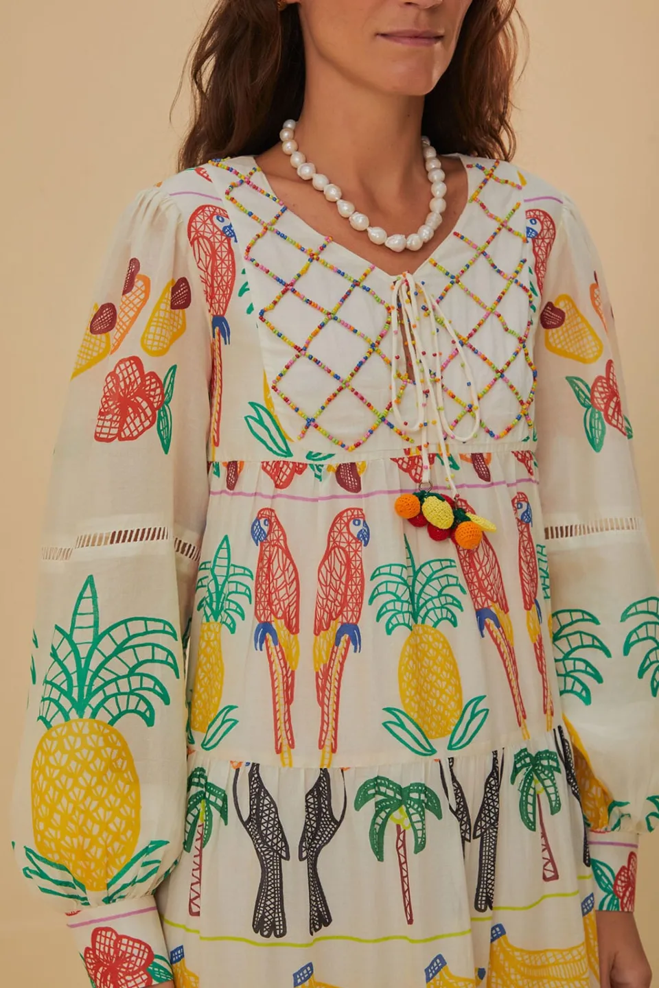 FARM Rio Robes Midi<Robe midi brodée à empiècement Tropicolors blanc cassé