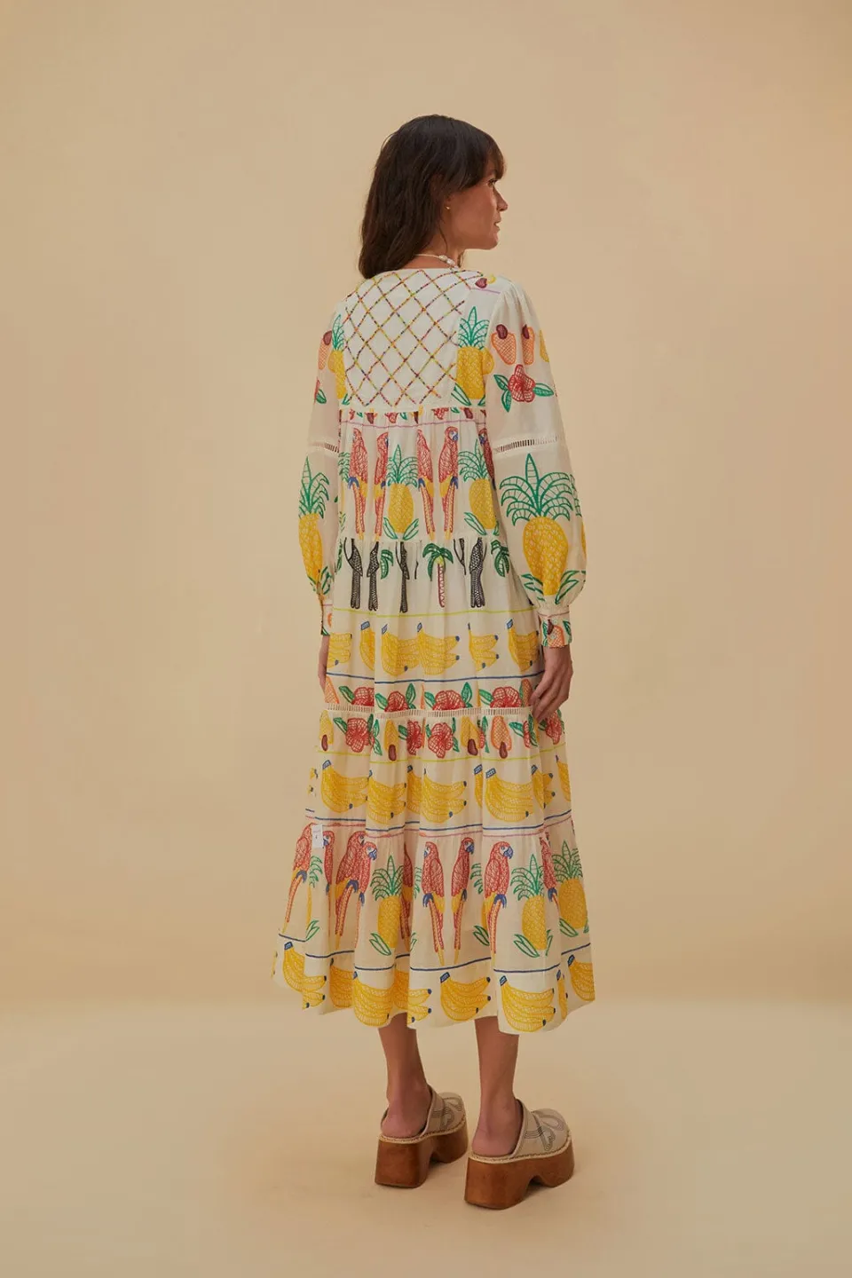 FARM Rio Robes Midi<Robe midi brodée à empiècement Tropicolors blanc cassé