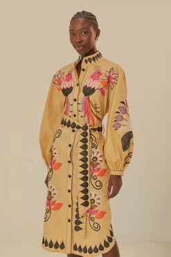 FARM Rio  Robes Midi<Robe midi brodée d'oiseaux et de fleurs kaki