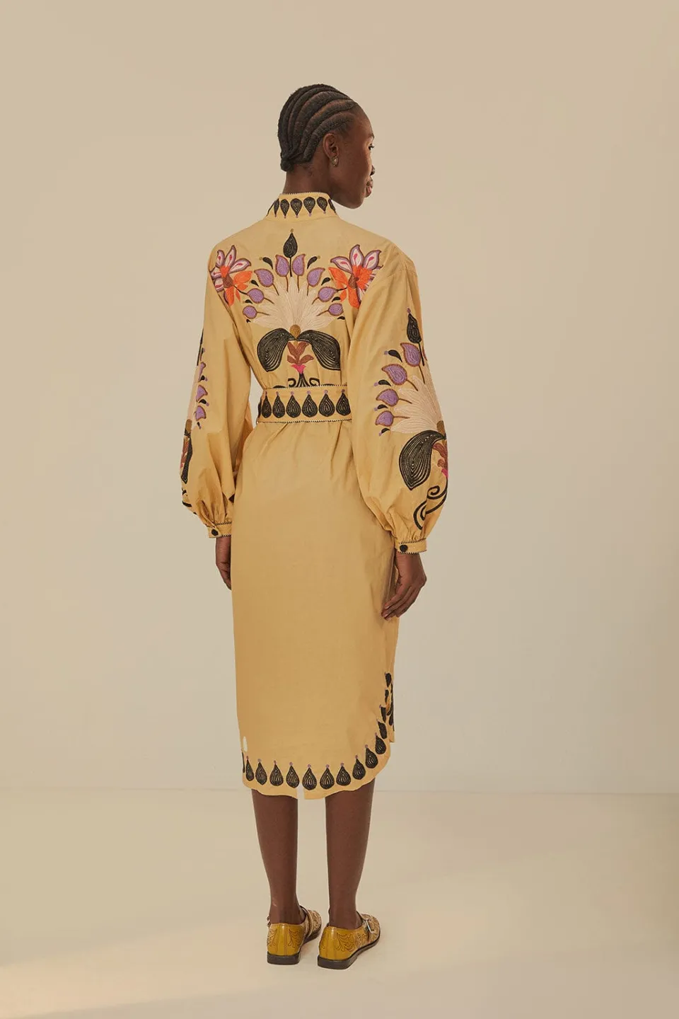 FARM Rio Robes Midi<Robe midi brodée d'oiseaux et de fleurs kaki