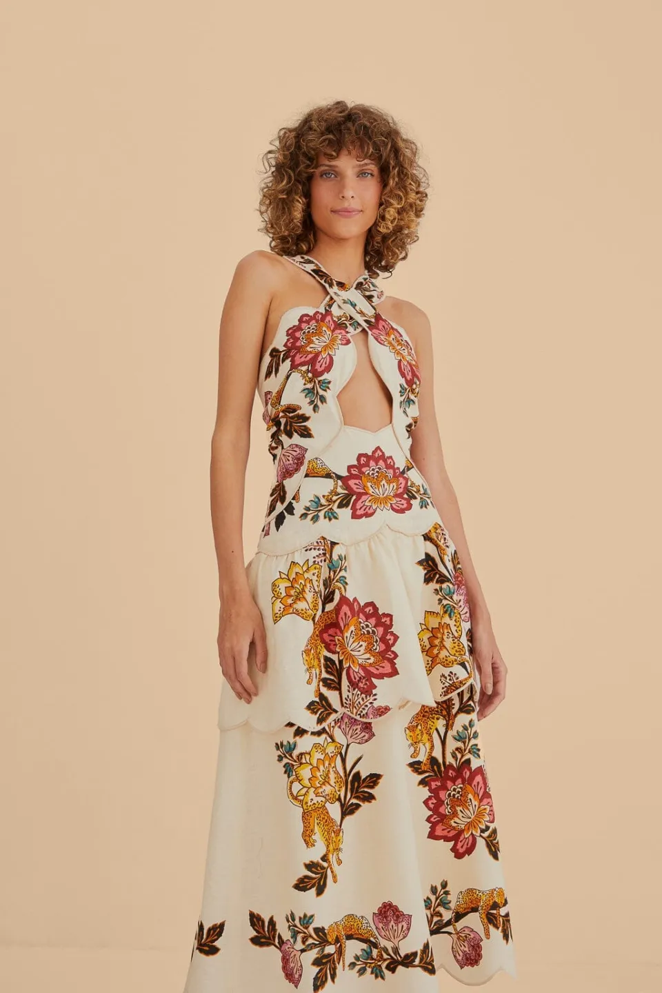 FARM Rio Robes Midi<Robe midi découpée à fleurs léopard sable