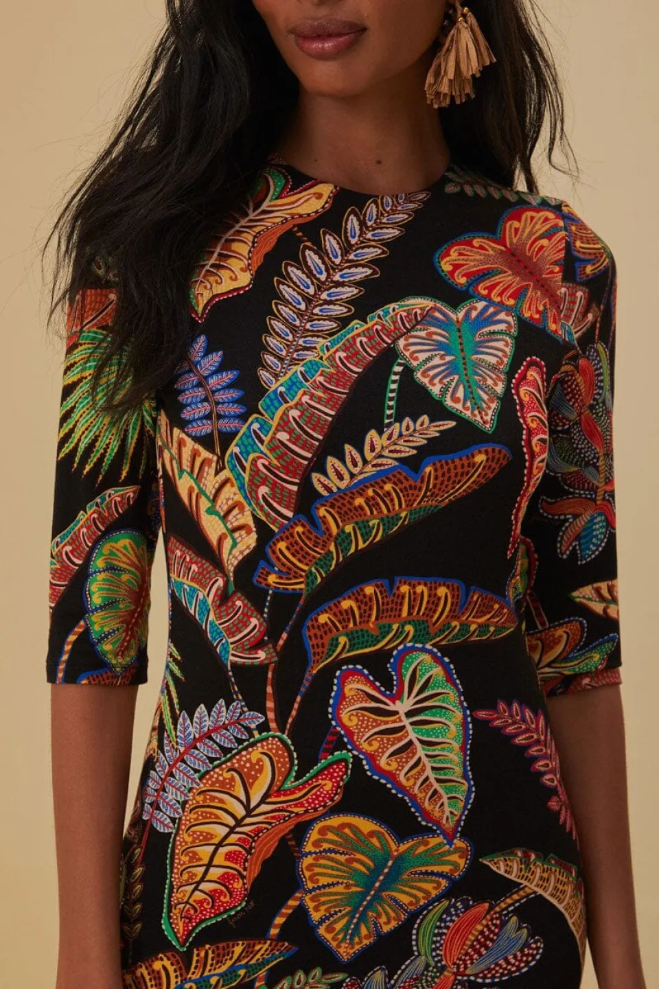 FARM Rio Robes Midi<Robe midi en jersey noir Cool Foliage