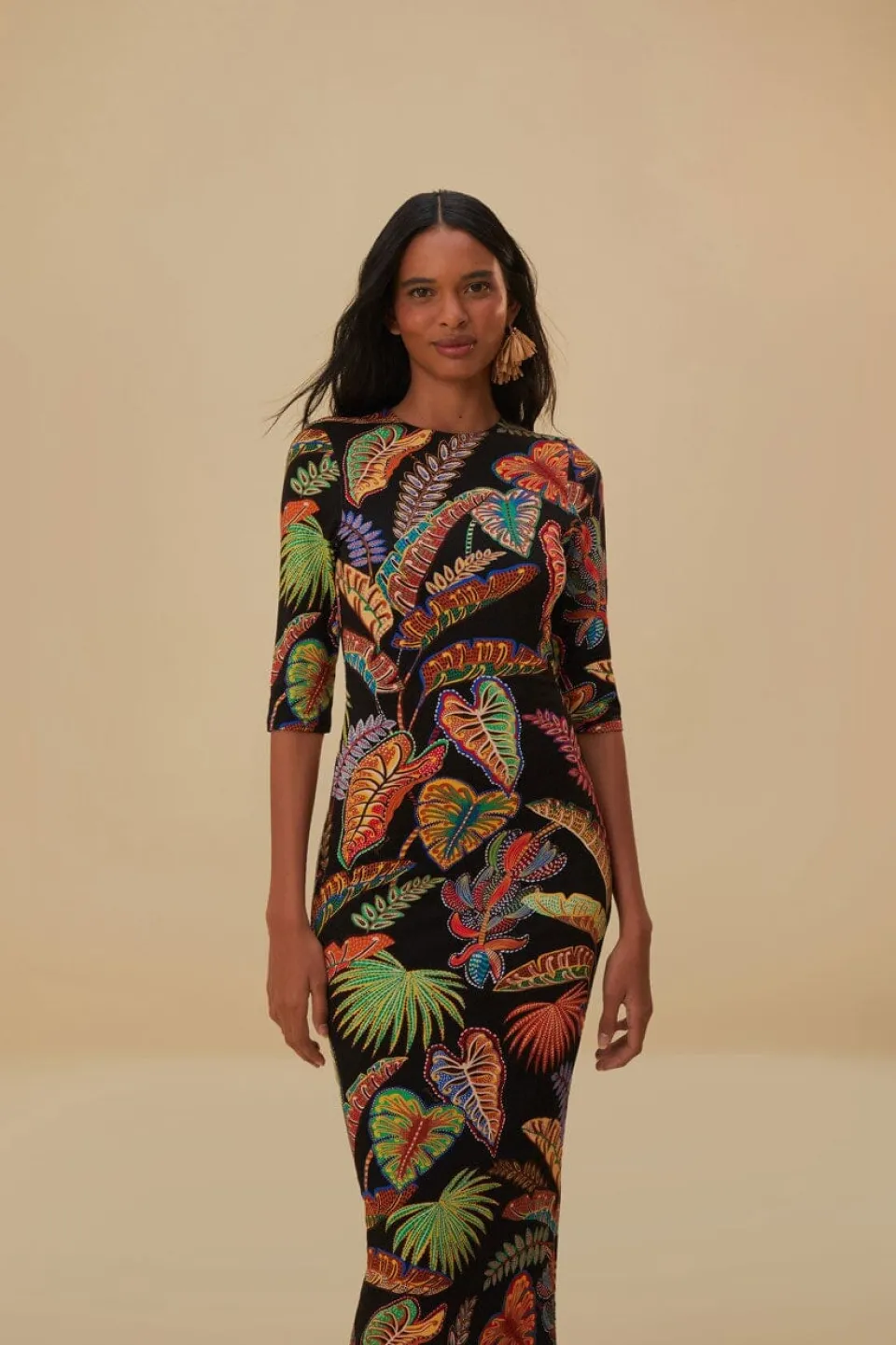 FARM Rio Robes Midi<Robe midi en jersey noir Cool Foliage