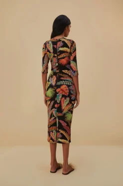 FARM Rio Robes Midi<Robe midi en jersey noir Cool Foliage
