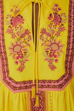 FARM Rio Robes Midi<Robe midi jaune à tapisserie de jardin brodée
