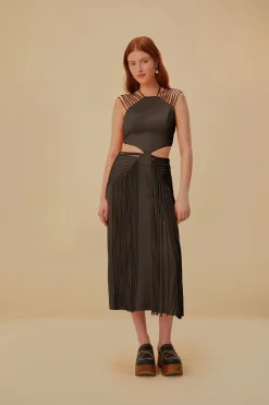 FARM Rio Robes Midi<Robe midi marron sans manches à franges
