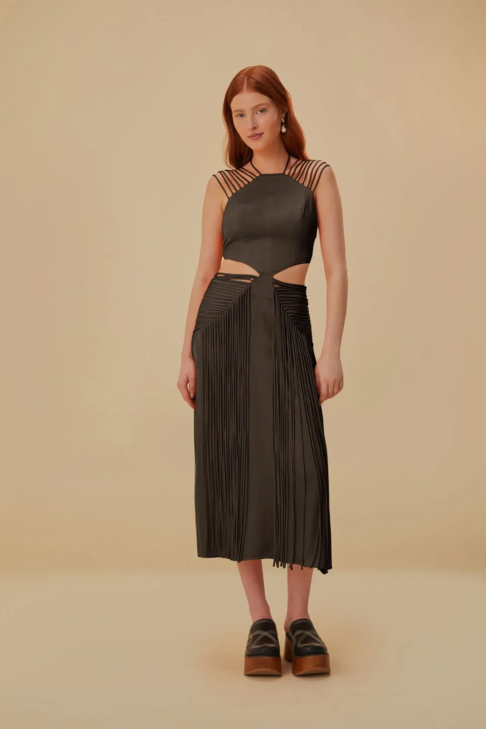 FARM Rio Robes Midi<Robe midi marron sans manches à franges