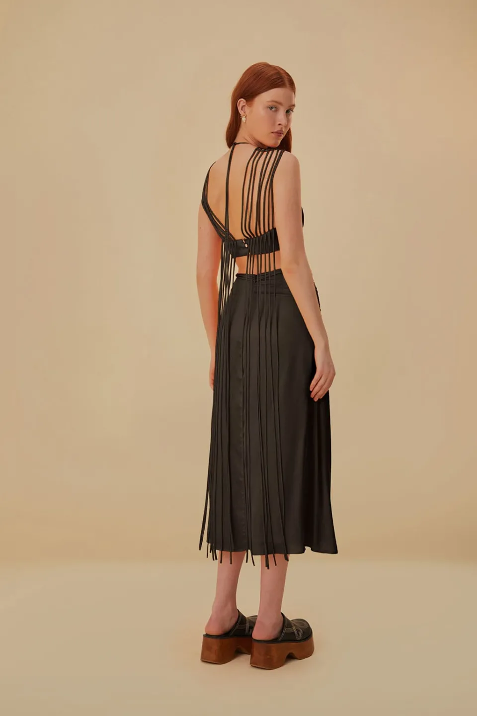 FARM Rio Robes Midi<Robe midi marron sans manches à franges