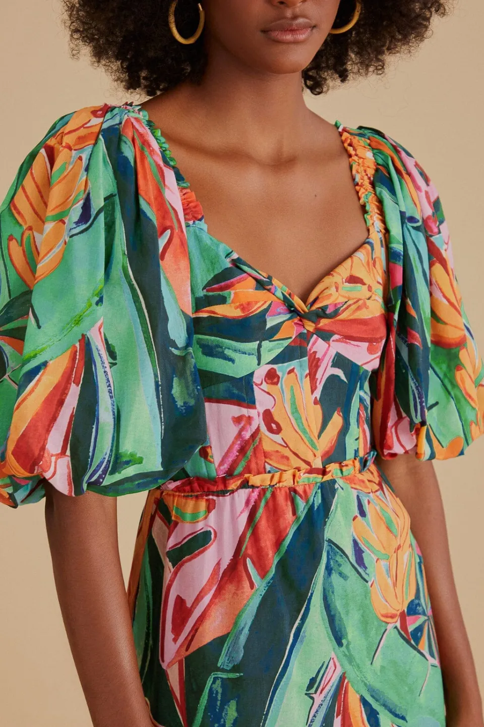 FARM Rio Robes Midi<Robe midi multicolore à manches bouffantes et feuillage de banane