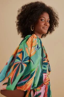 FARM Rio Robes Midi<Robe midi multicolore à manches bouffantes et feuillage de banane