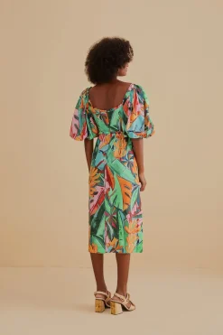 FARM Rio Robes Midi<Robe midi multicolore à manches bouffantes et feuillage de banane