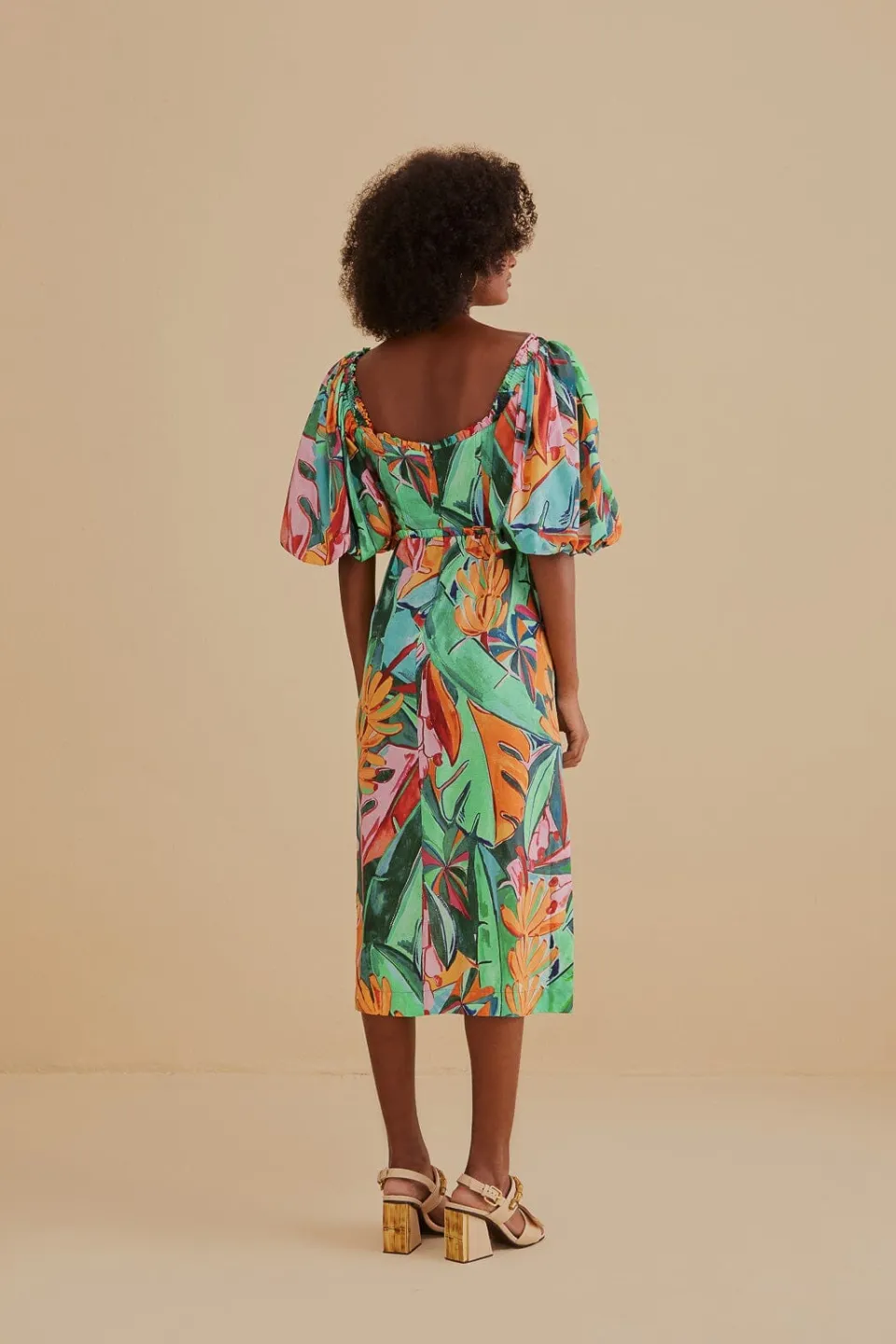 FARM Rio Robes Midi<Robe midi multicolore à manches bouffantes et feuillage de banane