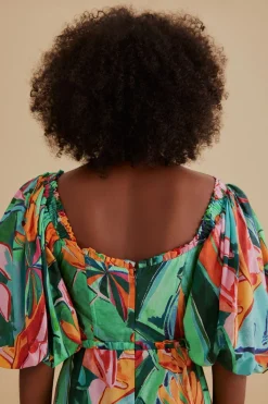 FARM Rio Robes Midi<Robe midi multicolore à manches bouffantes et feuillage de banane
