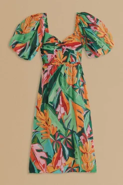 FARM Rio Robes Midi<Robe midi multicolore à manches bouffantes et feuillage de banane