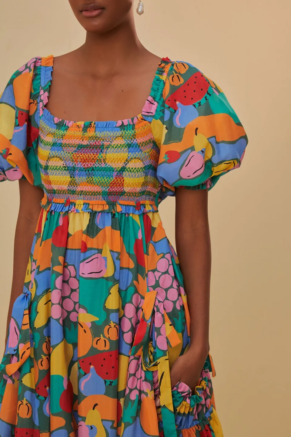 FARM Rio  Robes Midi<Robe midi multicolore à manches courtes et paysage de fruits