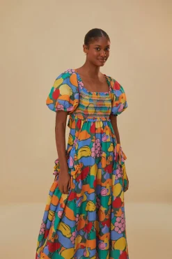 FARM Rio  Robes Midi<Robe midi multicolore à manches courtes et paysage de fruits