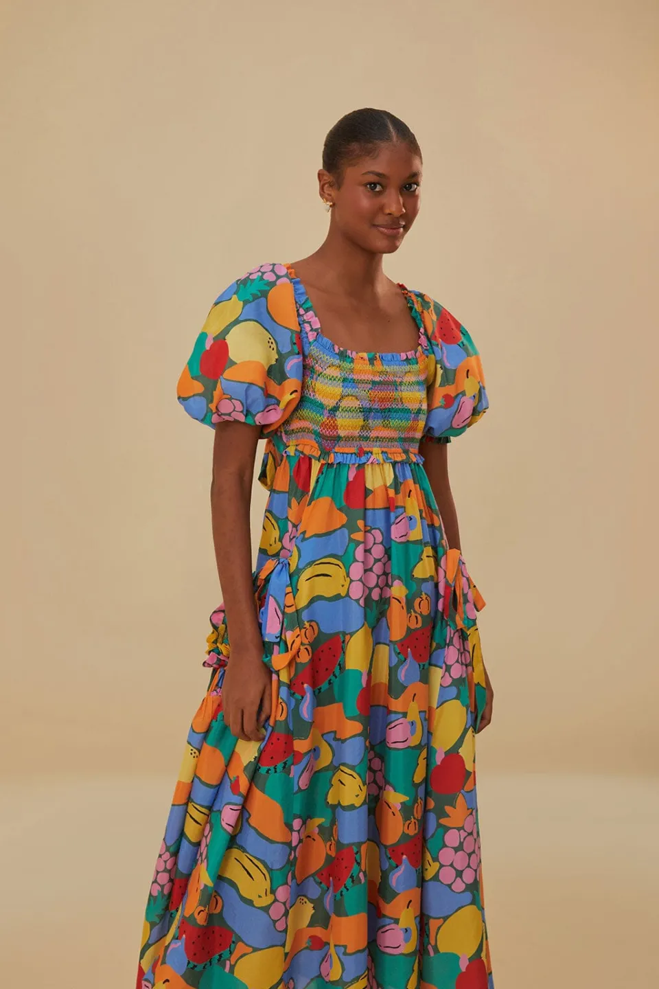 FARM Rio  Robes Midi<Robe midi multicolore à manches courtes et paysage de fruits