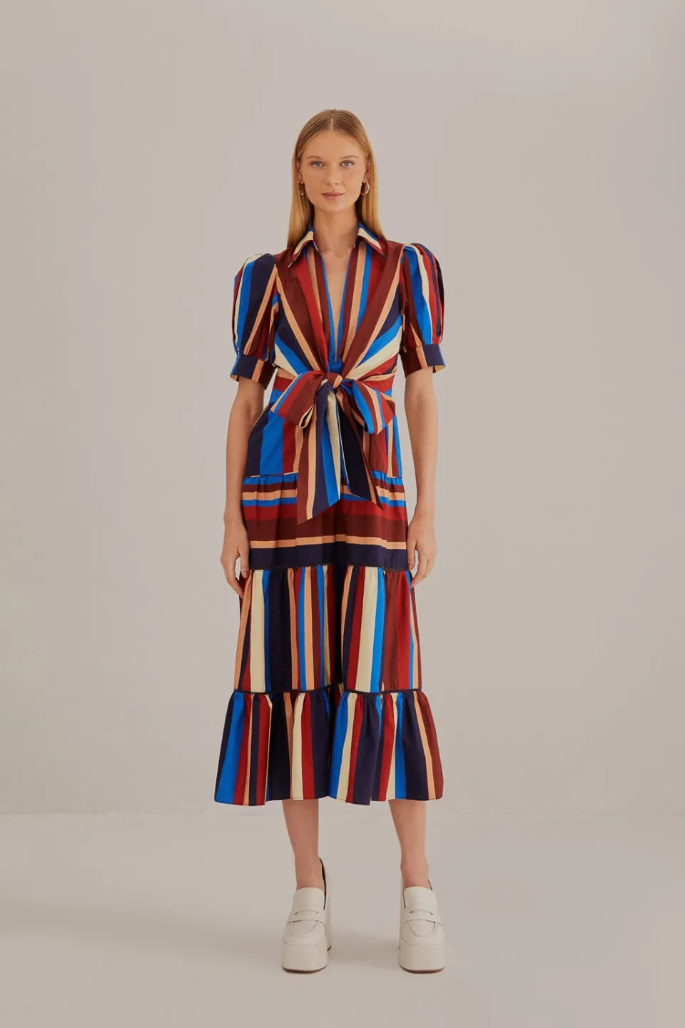 FARM Rio Robes Midi<Robe midi multicolore à rayures hivernales à manches courtes