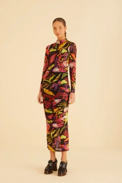 FARM Rio Robes Midi<Robe midi noire en tulle jardin psychédélique