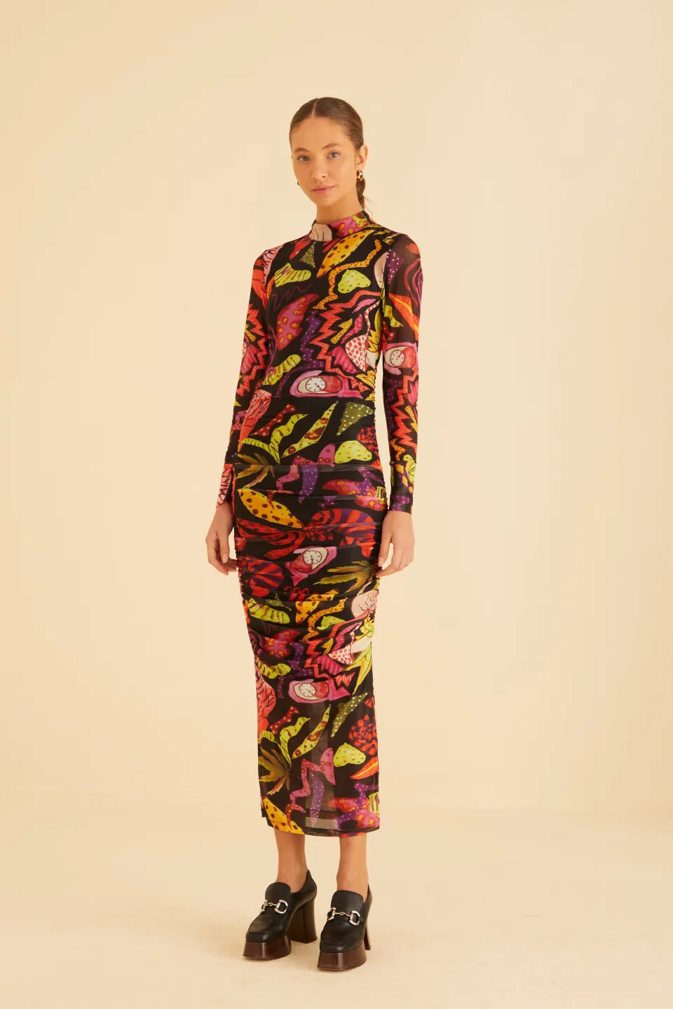 FARM Rio Robes Midi<Robe midi noire en tulle jardin psychédélique