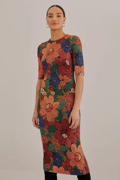FARM Rio Robes Midi<Robe midi noire en viscose Lenzing™ Ecovero™ à fleurs cousues