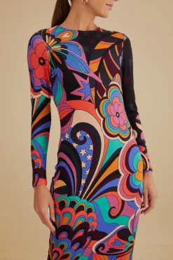 FARM Rio Robes Midi<Robe midi noire en viscose Vibe Lenzing™ Ecovero™ années 70
