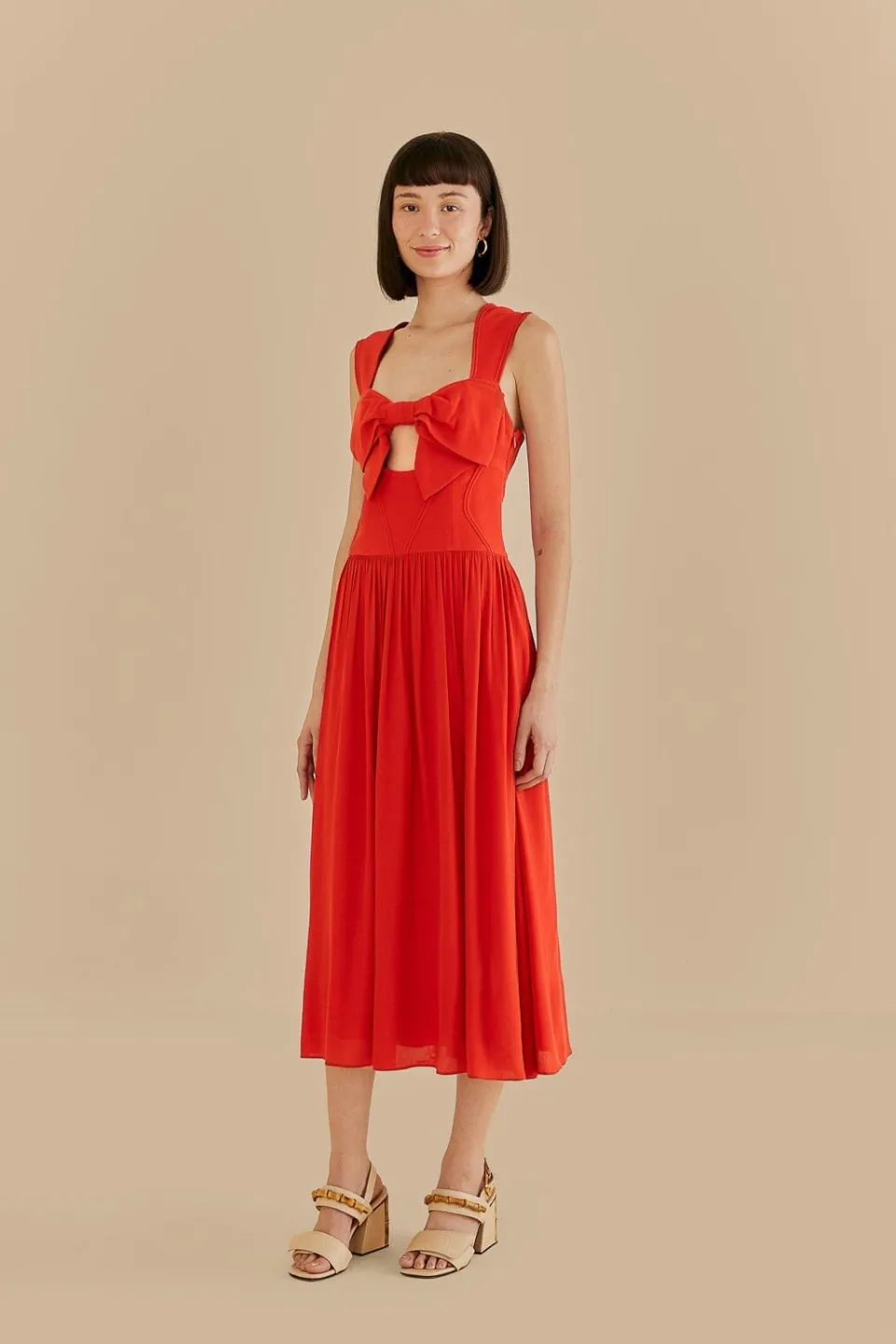 FARM Rio Robes Midi<Robe midi rouge sans manches avec nœud