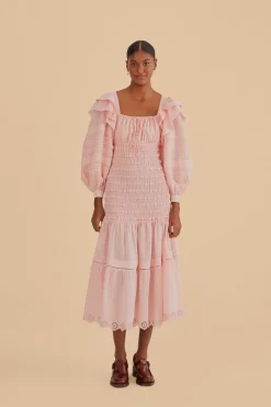 FARM Rio Robes Midi<Robe midi smockée rose clair à manches longues