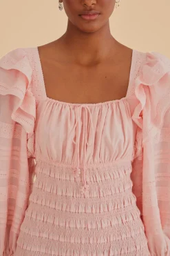 FARM Rio Robes Midi<Robe midi smockée rose clair à manches longues