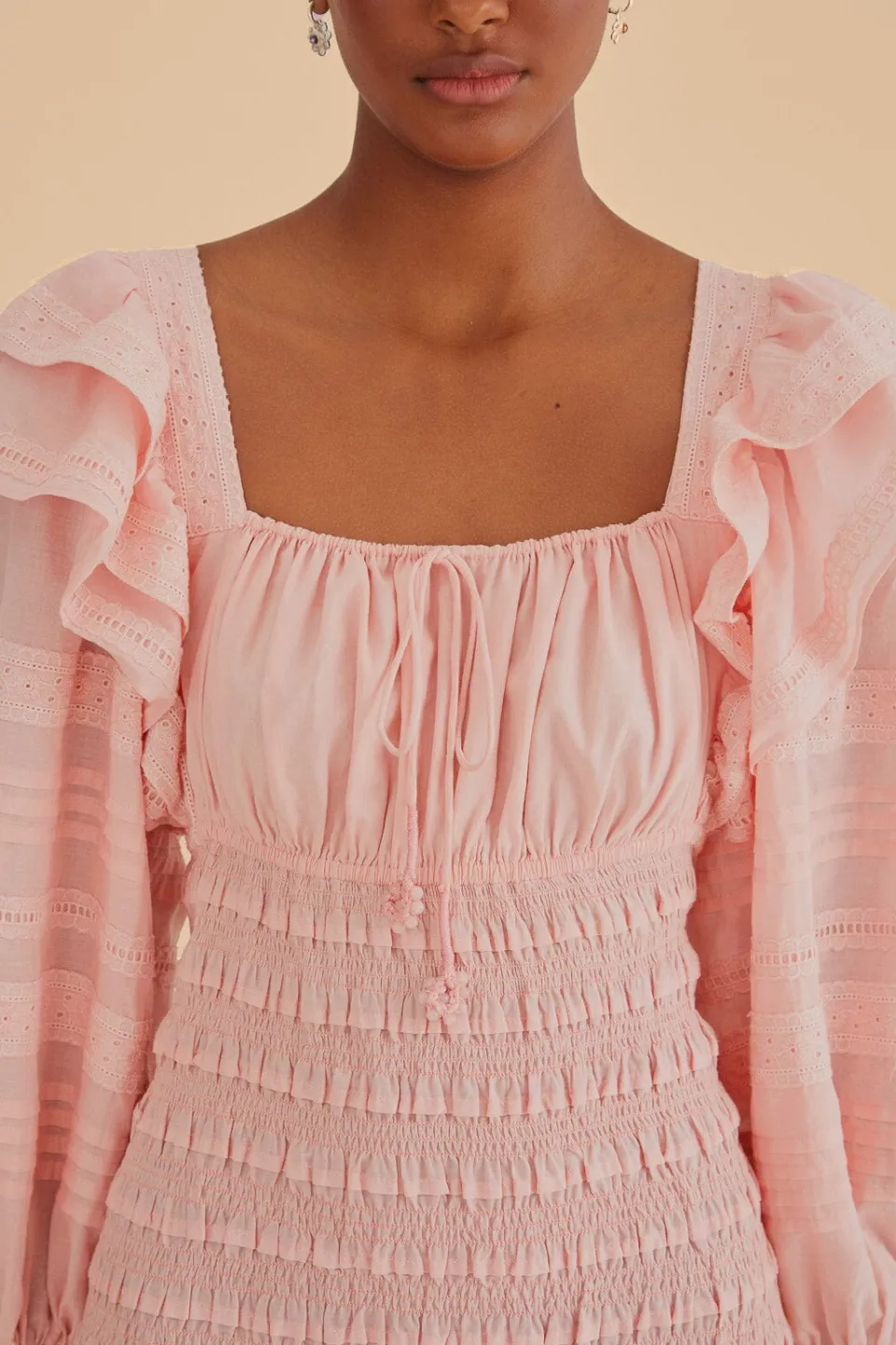 FARM Rio Robes Midi<Robe midi smockée rose clair à manches longues