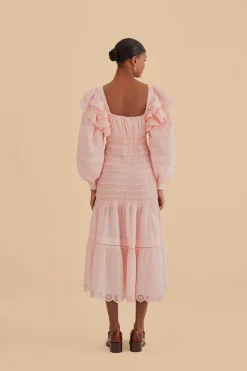 FARM Rio Robes Midi<Robe midi smockée rose clair à manches longues
