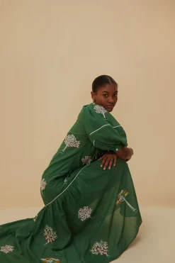 FARM Rio Robes Midi<Robe midi verte en coton biologique avec arbres brodés