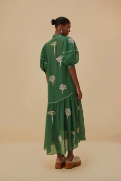 FARM Rio Robes Midi<Robe midi verte en coton biologique avec arbres brodés
