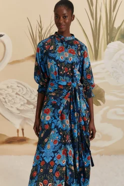 FARM Rio Robes Midi<Robe mi-longue à imprimé floral arabesque bleu