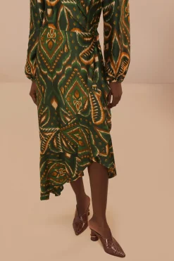FARM Rio Robes Midi<Robe mi-longue à manches longues en ikat avec motif ananas vert