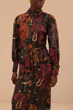 FARM Rio Robes Midi<Robe mi-longue à manches longues avec éléphants marron