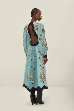 FARM Rio  Robes Midi<Robe mi-longue brodée à manches longues et fluide bleue