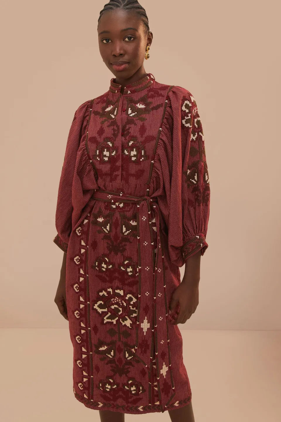FARM Rio Robes Midi<Robe mi-longue brodée au point de croix avec foulard toucans