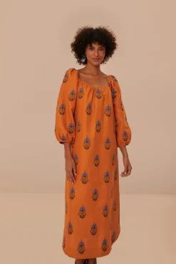 FARM Rio Robes Midi<Robe mi-longue brodée jaune