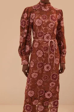 FARM Rio Robes Midi<Robe mi-longue en guipure à tapisserie marron Gigi