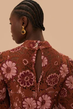 FARM Rio Robes Midi<Robe mi-longue en guipure à tapisserie marron Gigi
