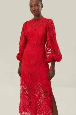 FARM Rio Robes Midi<Robe mi-longue en guipure rouge Nature