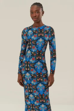 FARM Rio Robes Midi<Robe mi-longue en jersey fleuri bleu arabesque LENZING™ ECOVERO™