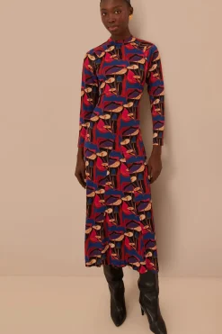 FARM Rio Robes Midi<Robe mi-longue en jersey noir à imprimé champignons sauvages