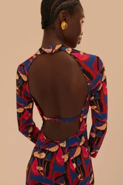 FARM Rio  Robes Midi<Robe mi-longue en jersey noir à imprimé champignons sauvages