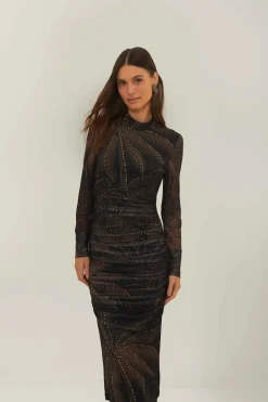 FARM Rio Robes Midi<Robe mi-longue en tulle à feuillage doré noir