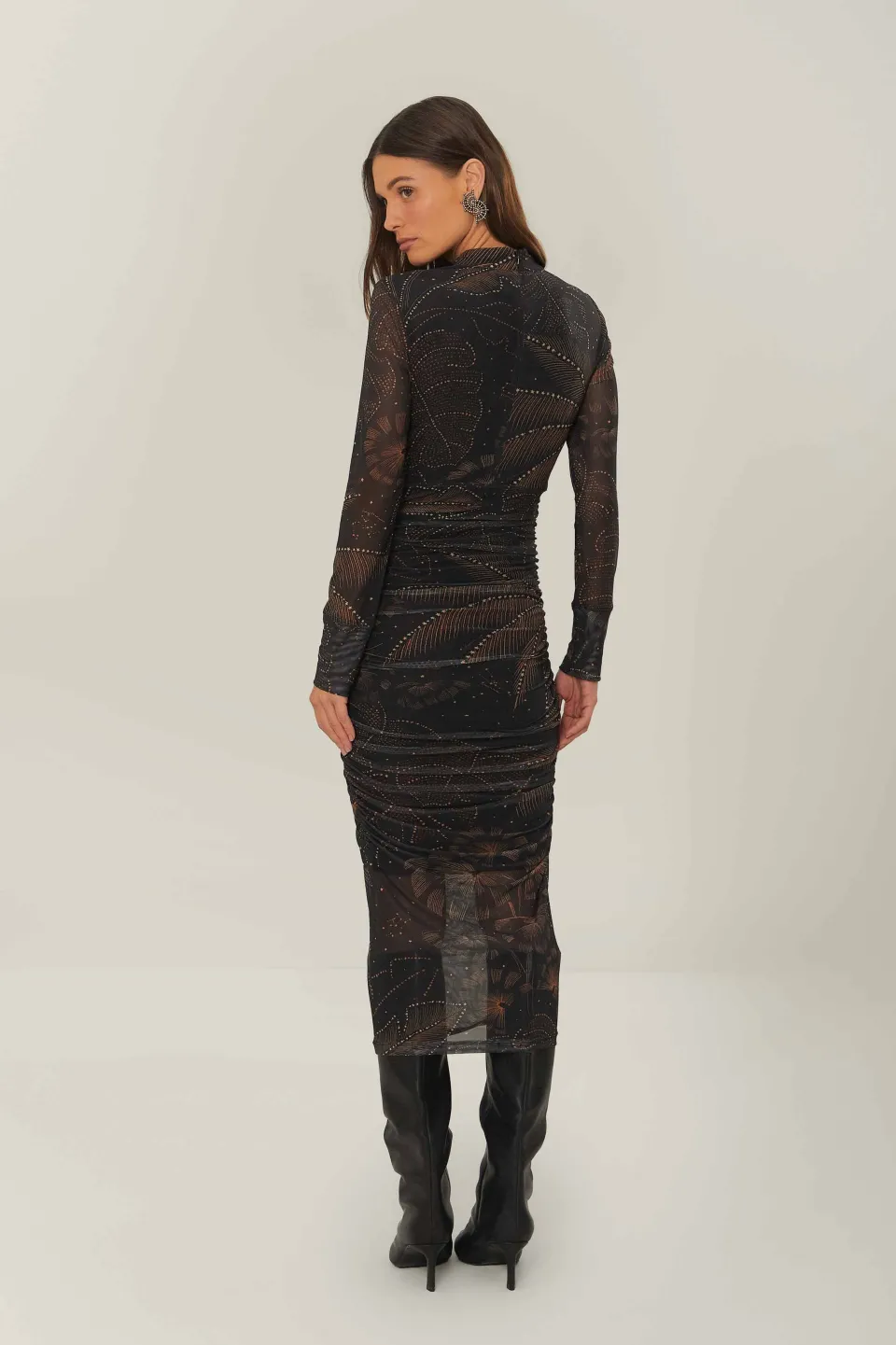 FARM Rio Robes Midi<Robe mi-longue en tulle à feuillage doré noir