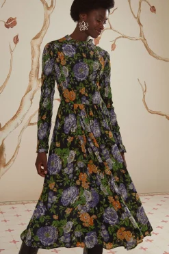 FARM Rio Robes Midi<Robe mi-longue fleurie noire à manches longues Capri