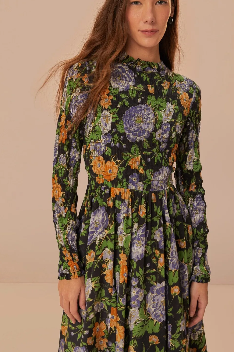 FARM Rio Robes Midi<Robe mi-longue fleurie noire à manches longues Capri